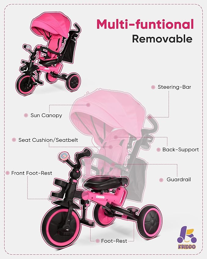 KRIDDO 8-in-1 Foldable Tricycle Stroller for Toddlers 18 Months to 5 Years, 5-Point Seatbelt, 1-Step Brake Pedal, Extended Canopy, Triple Footrest, Safety Rearview Window, Detachable Guardrail, Pink