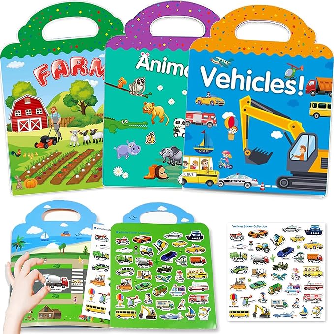 Reusable Sticker Books for Kids, 3 Sets Travel Removable Toddler Sticker Books for 3 4 5 Year Old Girls Boys Birthday Gifts Educational Learning Toys for Age 3-6 - Farm & Zoo Animal, Vehicle