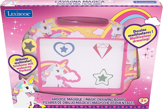 LEXiBOOK, Multicolor Magic Magnetic Unicorn Drawing Board, Artistic Creative Toy for Girls and Boys, Stylus Pen and Stamps, Pink/Blue, CRUNI550