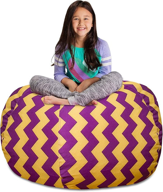 Posh Creations Stuffable Kids Stuffed Animal Storage Bean Bag Chair Cover - Childrens Toy Organizer, X-Large 48" - Pattern Chevron Purple and Yellow