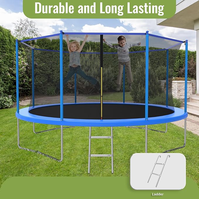 10FT/12FT/14FT Trampoline for Kids and Adults - Outdoor Trampoline with Safety Net - Anti Rust - ASTM Approved - Blue