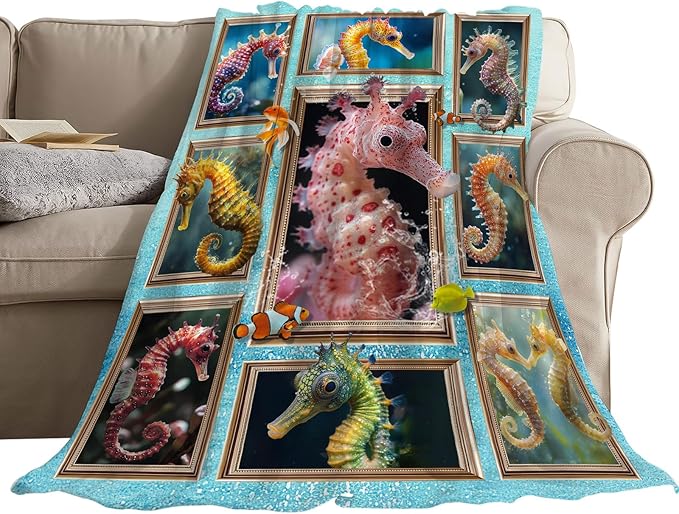 Seahorse Blanket Fleece Soft Warm Plush Sea Ocean Animal Throw Blanket Lightweight Plush Fuzzy Cozy Undersea Blankets for Lover Kids Adult Suitable for Couch Sofa Bed 80"X60"
