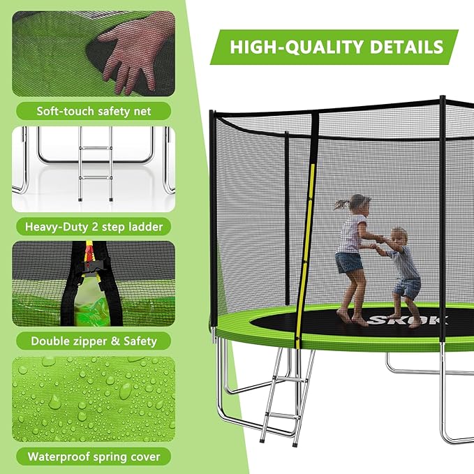 SKOK Trampoline 8FT 10FT 12FT 14FT 15FT Trampolines with Enclosure Net, 400LBS Outdoor Trampolines for Kids with Basketball Hoop-ASTM Approved Trampoline for Children and Adults with Ladder