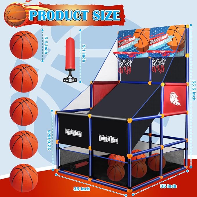 Arcade Basketball Game Set for Kids, Boy Toys Basketball Hoop with 4-5 Balls for 3-12 Years Old, Adjustable Height w/Pump & Storage Net for Kids Indoor Outdoor Sports Play, Christmas Birthday Gifts