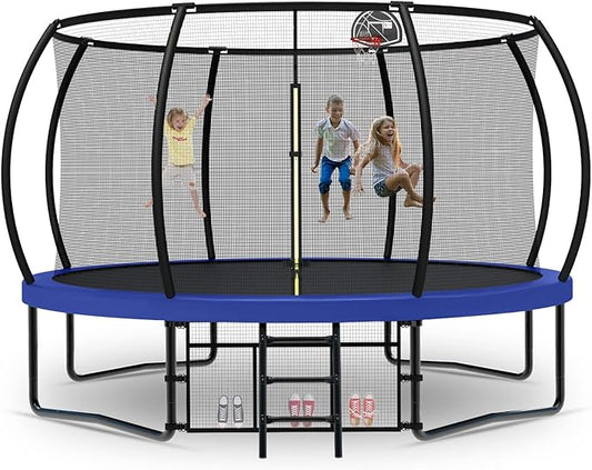 Tatub Large Trampolines Outdoor 10 12 14 15 16FT for Kids and Adults,Outdoor Recreational Pumpkin Trampolines with Curved Poles and Safety Enclosure Net, Basketball Hoop, Ladder