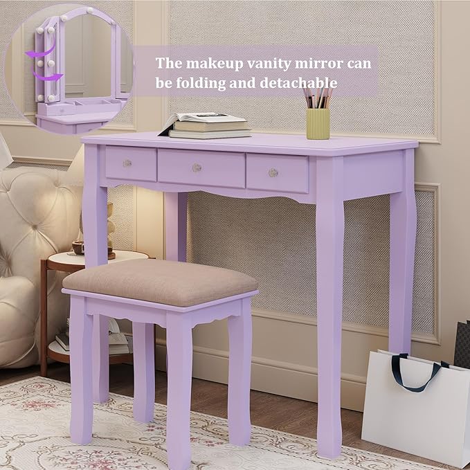Purple Vanity Makeup Vanity Desk with Lights Vanity for Teen Girls Vanity Set for Teenager Vanity Table with Mirror for Bedroom Vanity Mirror with Lights Girls Desk and Chair