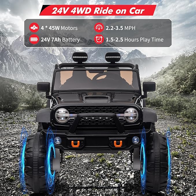 2 Seats 24V Kids Ride on Truck with Remote Control, Battery Powered Electric Ride Car Toy for 3-8 Years, 4 Motors,20" Seat Width for 2 Seaters, LED Light,Music,High/Low Speeds,Shovel, USB (Black)