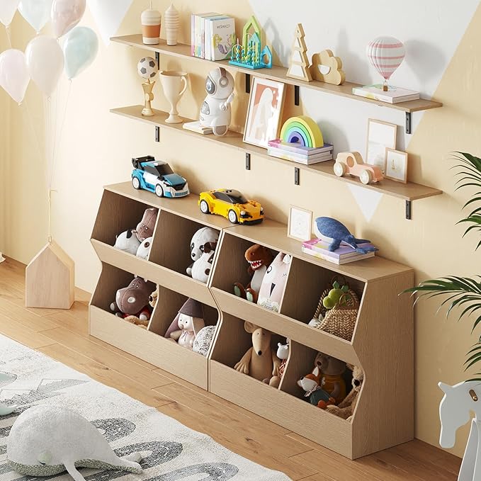 DINZI LVJ Kids Bookshelf, Toy Storage Organizer, Wooden Toy Cabinet, 4 Cubby Children Bookcase, 35.4" L Toddler Book Shelf for Living Room, Playroom, Nursery, Hallway, School, Natural