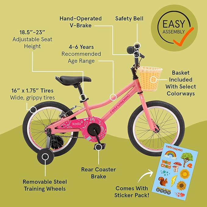 Retrospec Koda Plus Kids Bike for Boys & Girls Ages 4-6 Years - 16" Children's Bicycle, Adjustable Seat & Handlebars