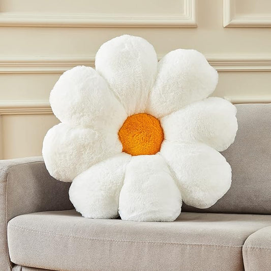 20" Large Flower Pillow Daisy Pillow Seat Cushion – White Faux Rabbit Fur Plush Throw Pillow, Cozy Floor Cushion & Gift for Kids Girls Adults