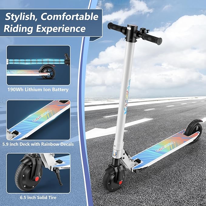 Caroma Electric Scooter for Kids Ages 6-14, 250W Motor Foldable Kids Electric Scooter,160 Mins Ride Time & 3 Speeds (6/10/15 Mph), LED Display & Dual Brake,Best Gift for Girls and Boys