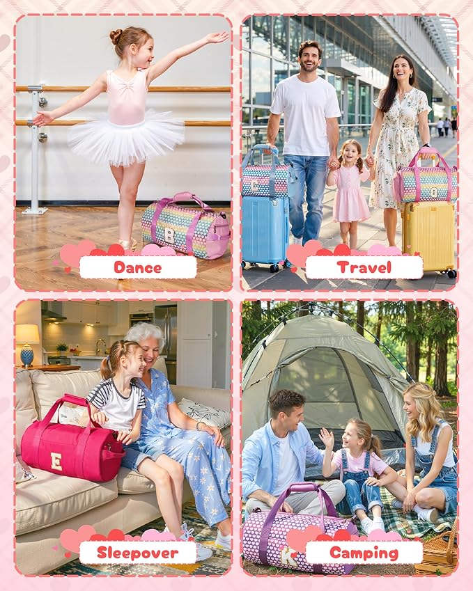 8 Year Old Girl Birthday Gift, Girls Travel Duffel Bag, Kids Initial Overnight Bags with Shoe Compartment, Personalized Gym Ballet Dance Bag with Makeup Pouch, Christmas Gifts (Letter H)