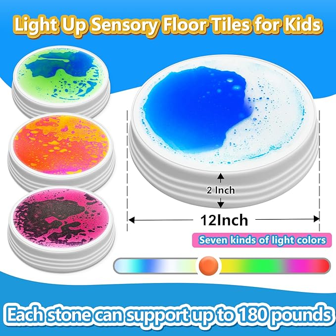 Light Up Liquid Stepping Stones - 4 Non-Slip Stepping Stones, Each with 7 LED Light Colors, Indoor Obstacle Training Balancing Stepping Stone Toys for Kids Ages 3 and Up.