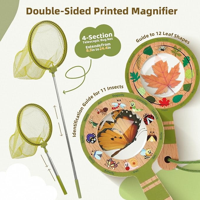 Bug Catcher Kit for Kids, Outdoor Explorer Toy Set with Butterfly Net, Wooden Magnifying Glass & Bug Container &Other Adventure Kit for Backyard Bugs Hunting and Camping Gifts for Boys Girls Age 3-12