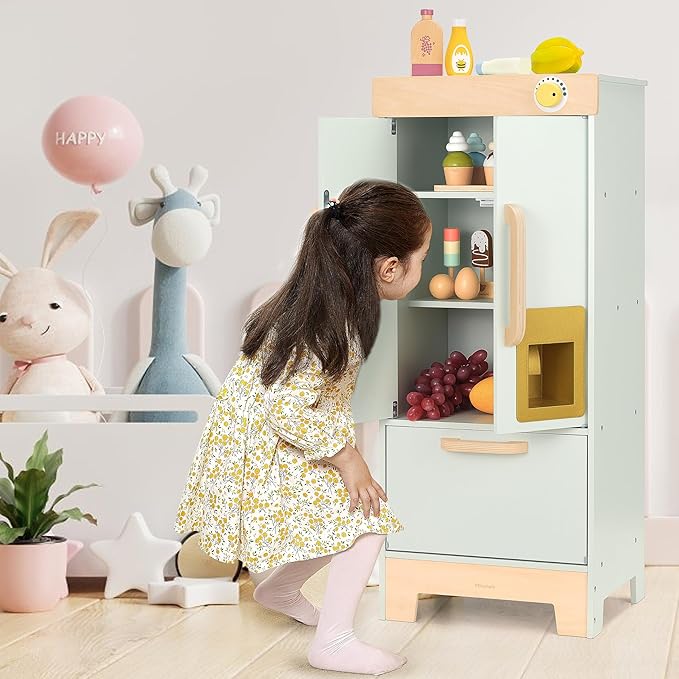 Wooden Play Refrigerator with Ice Maker – Mint Green Kids Fridge Toy, 4 Wooden Ice Cubes & Cup, Quiet Click Handle, Montessori Pretend Play for Toddlers 3+