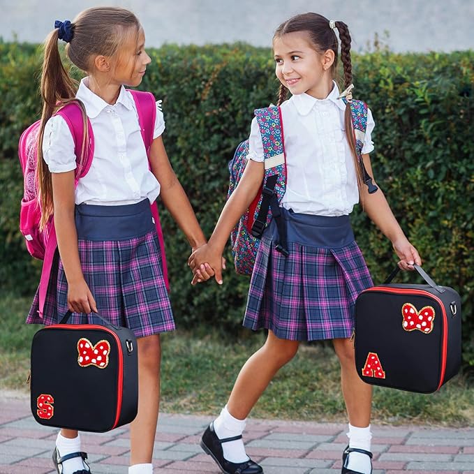 Preppy Initial Bow Mouse Lunch Bag, Kids Insulated Lunch Box Gifts for Teen Girls Daughter, Reusable Soft Lunch Containers Crossbody Cooler Bag Must Haves for Park Travel School Work Picnic Black S