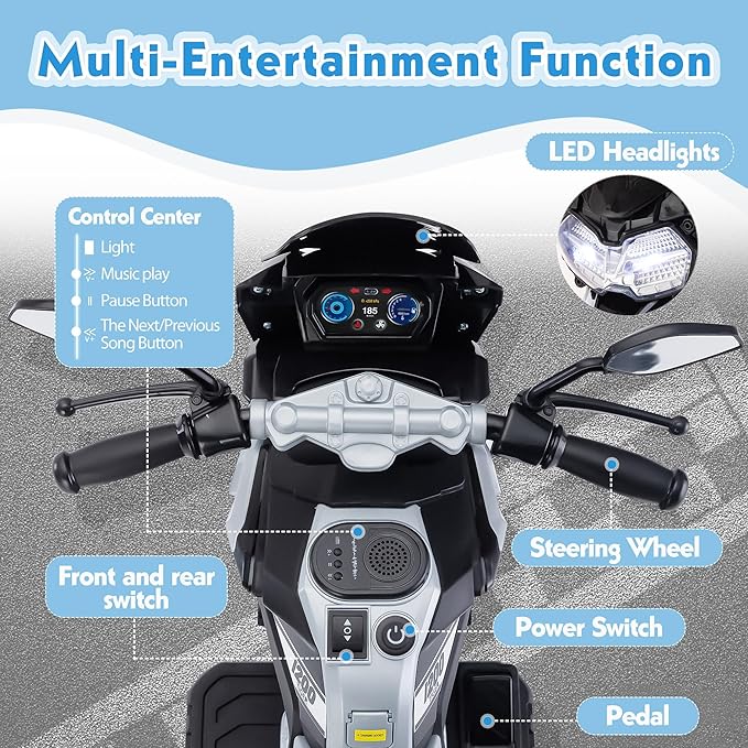 TOBBI 12V Electric Motorcycle for Kids Ride on Toys Toddler Motorbike Battery Powered Off-Road Dirt Bikes w/Music/Headlights/Training Wheels, Gifts for Boys & Girls, Silver