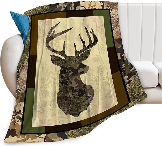 Deer Blanket Camo Hunting Throw Blanket Cozy Plush Dad Elk Fleece Flannel Ultra Soft Blankets Lightweight Fuzzy Warm Gifts for Adults Men 60"X50"