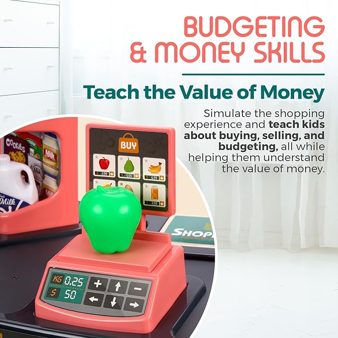 MEDca Kids Play Supermarket Set with Scanner - Pretend Play Grocery Shop Set - 47 Piece Complete Playset with Cash Register Credit Card Machine Scanner Shop Trolley and Food Gift for Boys and Girls