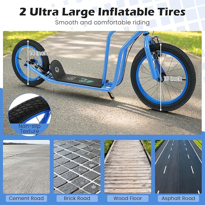 GYMAX Youth Scooter, Height Adjustable Kick Scooters with Extra Large Inflatable 16” Front & 14” Rear Wheels, Dual Hand Brakes & Kickstand, Heavy Duty Scooter for Teens Adults