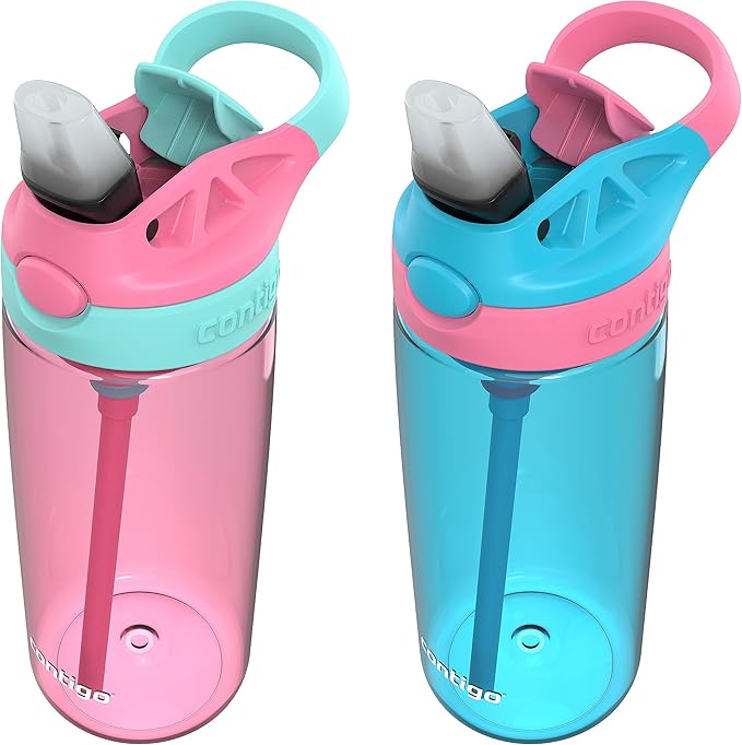 Contigo Aubrey Kids BPA-Free Water Bottle with Silicone Straw Spill-Proof Lid Dishwasher Safe 20oz 2-Pack Suitable for 3+ Years Azalea/Jade & Blue Raspberry/Azalea