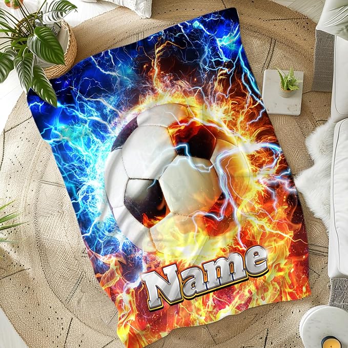 Soccer Blanket for Kids Boys, Personalized Name 40x30 Inches Small Soft Warm Cozy Custom Sports Stuff Accessories Blankets Gifts for Sofa Chairs