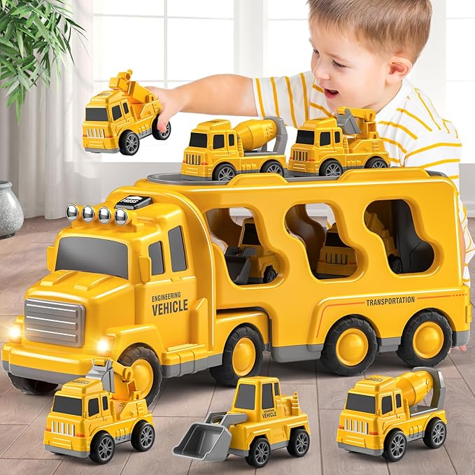 5 in 1 Construction Trucks Cars Toys for Toddlers 3-5, Boy Toddler Car Truck Toys with Light Sound, Includes Crane, Mixer, Bulldozer & Excavator, Birthday Gifts Toys for 2 3 4 5 Year Old