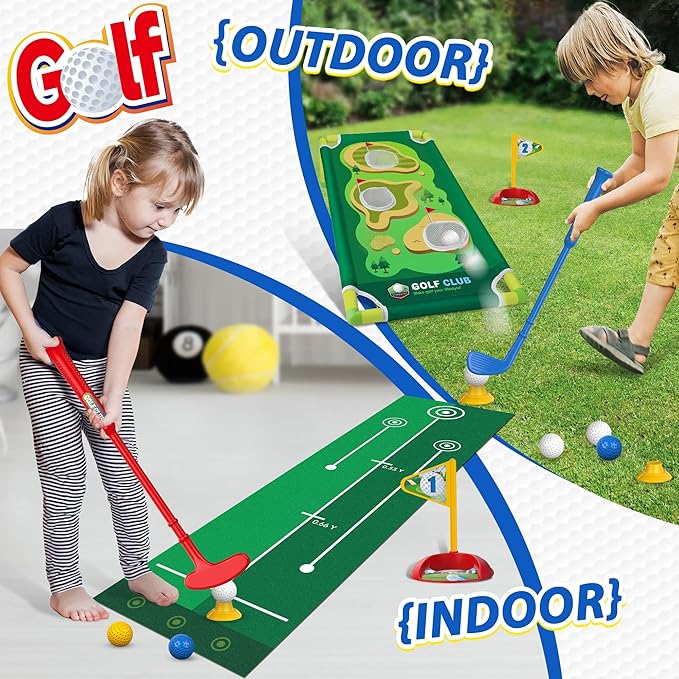 Liberry Toddler Golf Set for 2 3 4 5 Years Old Boys Girls, Upgraded Kids Golf Cart with Golf Cornhole Board & Putting Mat, Indoor and Outdoor Golf Toys Birthday Gift