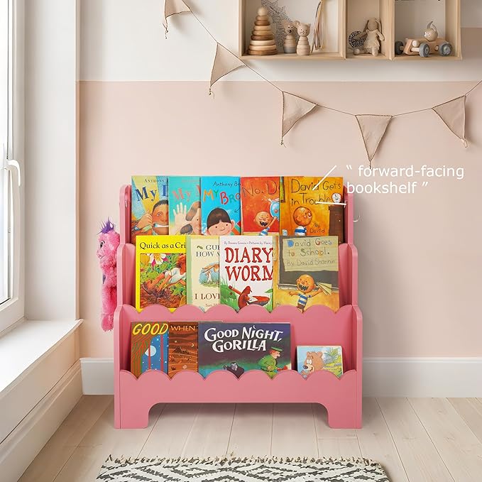 Kids Bookshelf Wooden 3-Tier, Scalloped Book Shelf for Kids Rooms, Front Facing Toddler Montessori Bookshelf, Baby Nursery Book Shelves Kid Classroom Book Shelf Bookcase