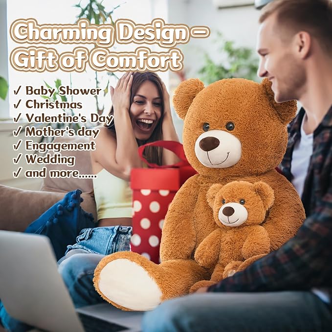 MorisMos Mom and Baby Giant Teddy Bear, 39inch Soft Large Teddy Bears Stuffed Animal Plush for Baby Shower, Brown