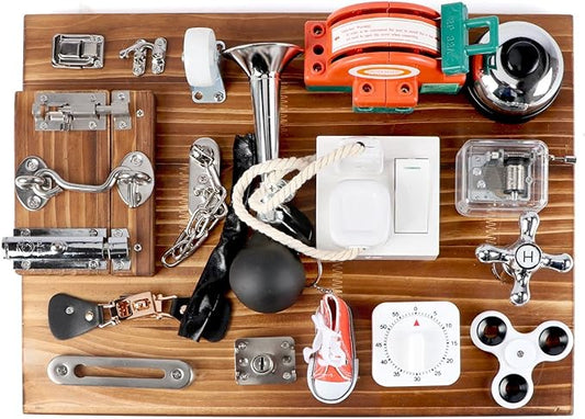 20-in-1 Busy Board for Toddlers - Travel Toy Activity Board for Fine Motor Skills - Toys for 3 Years Old Kids With Switch, Locks, Shoe Laces, Music Box