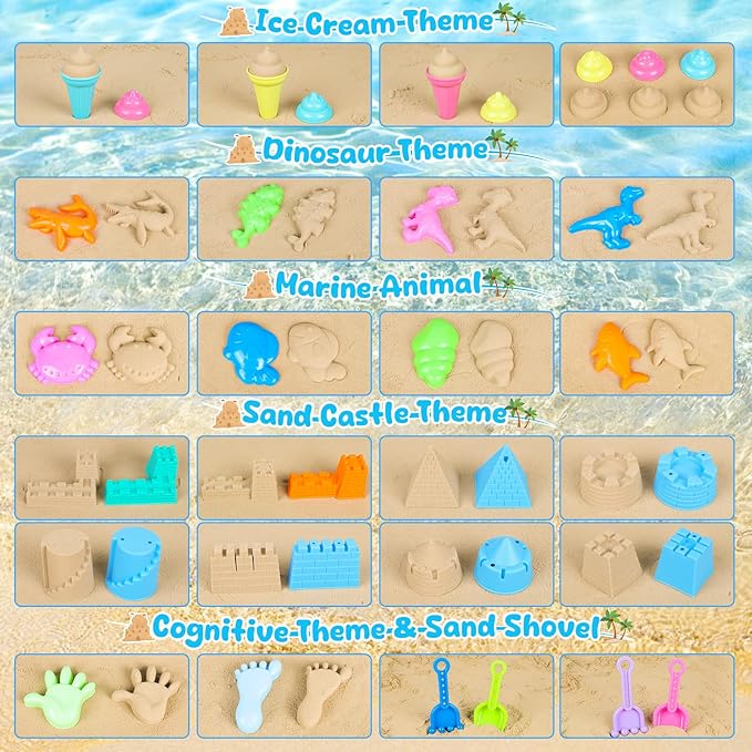 Beach Toys for Kids Toddlers, Sand Castle Toys with 4 Sand Bucket and Shovels, Mesh Bag & Molds, Ice Cream Travel Sandbox for Beach Sandbox for Toddlers Kids Baby Boys Girls Age 3-10