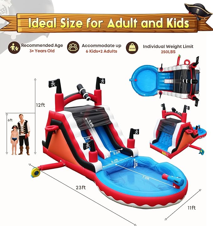 23ft(L) Commercial Water Slide for Adults Kids with 950W Blower, Heavy Duty PVC Large Water Slides Bounce House for Outdoor Summer Fun, Inflatable Backyard Water Park Great for Party, Wet Dry Use