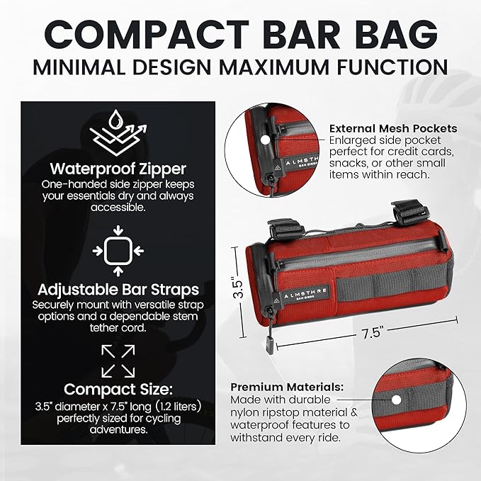 Compact Bar Bag – Rust Red | Hard-Shell Bike Handlebar Bag with Waterproof Zipper & Adjustable Straps | Lightweight Bicycle Handlebar Bag, Compatible with Road, Gravel & MTB Bikes