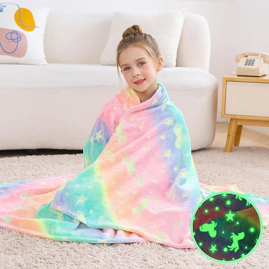 Softan Kids Unicorns Throw Blanket Glow in The Dark, Kids Blanket Gifts for Girls & Boys, Soft Cozy Flannel Luminous Unicorns Blanket for Sofa Couch Bed, Christmas Birthday Gift, 50x60IN