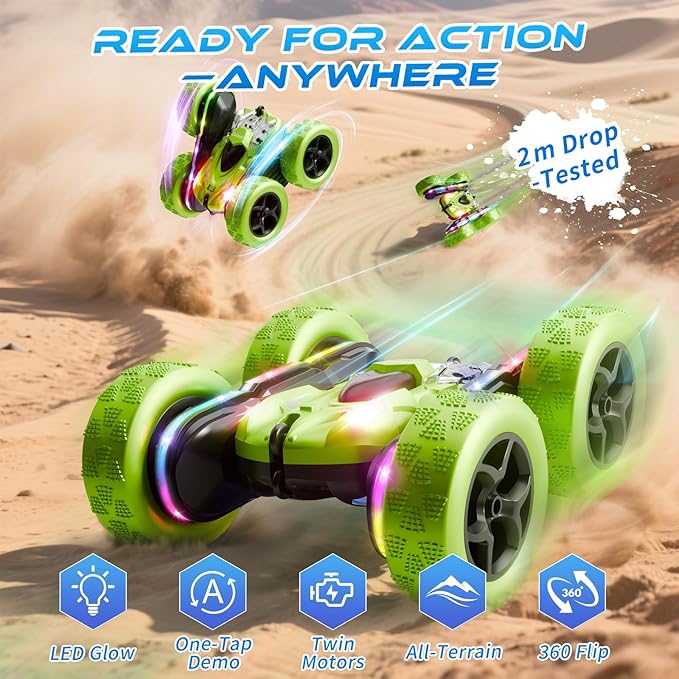 Remote Control Car – 4WD 360° Flip Double‑Sided RC Stunt Car LED Light Bar & USB‑C Modular Battery, Off‑Road Toys for Boys Ages 6‑12, Birthday Gift, Black‑Green