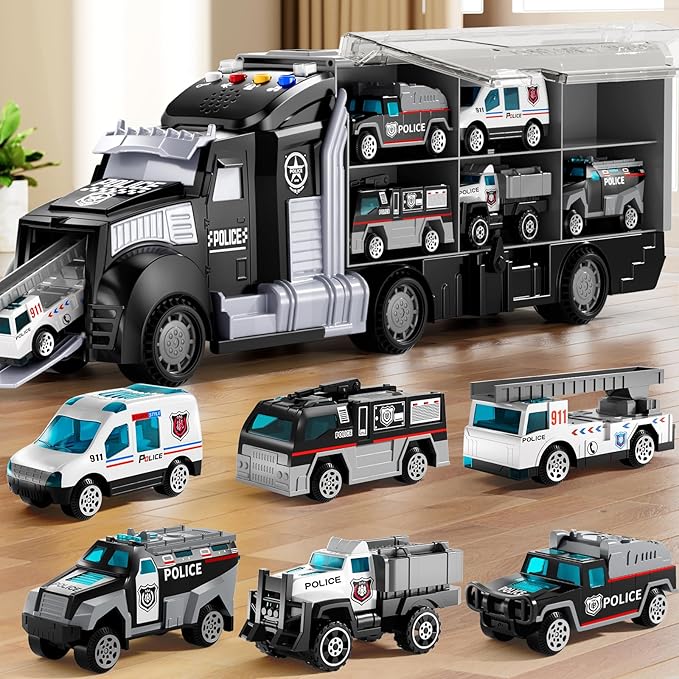 Police Trucks Toy Set with Play Mat, Carrier Truck Play Vehicles Set for 3 4 5 6 Years Old Boys Kids, Die-Cast Car Toy for Toddlers 3-4 Years, Birthday Gifts Toys for 3-9 Year Old Boys