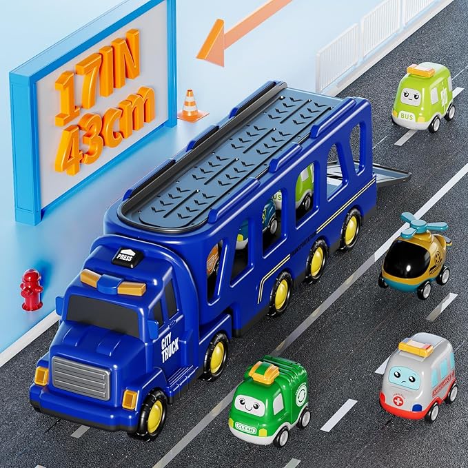 Boy Toddler Trucks Toys for Boys Kids, 16.9-in Longer Transport City Truck with 6 Cars, Car Truck Toys with Lights & Sounds, Birthday Gift for 3 4 5 Years Old Boys and Girls