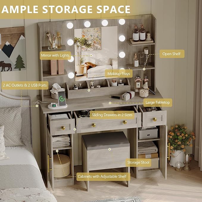 Vanity Makeup Desk with Mirror and Lights, Farmhouse Vanity Table Set with Storage Drawers, Charging Station & Chair, 43" Large Rustic Dressing Table, 3 Lighting Modes for Women Girls Bedroom, Grey