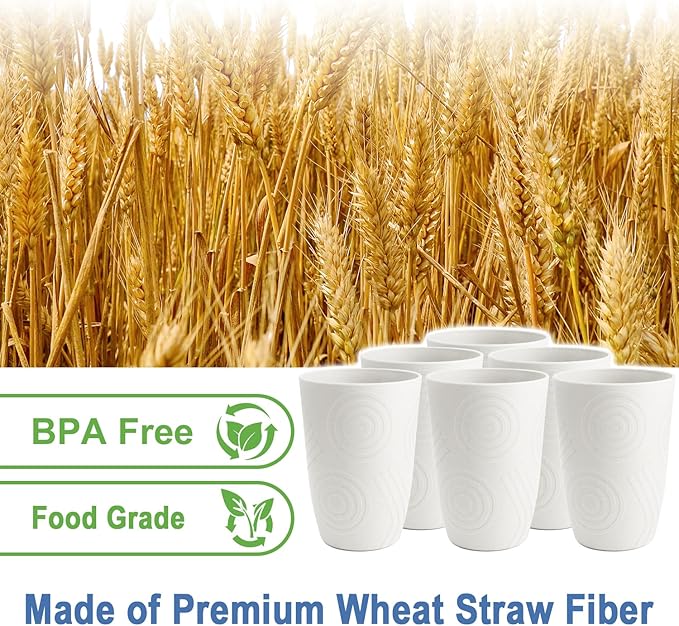 Wheat Straw Cups 16 OZ - Unbreakable Drinking Cup Set of 6 Plastic Cups Reusable Lightweight Glasses Drinking Cup Microwave & Dishwasher Safe Water Glasses Tumbler - White