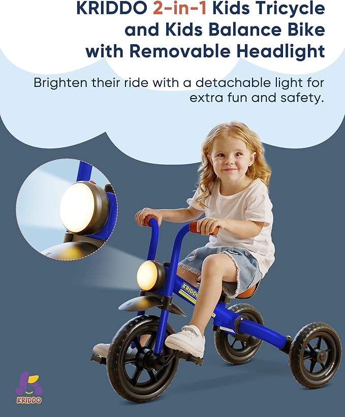 KRIDDO 2-in-1 Kids Balance Bike and Kids Tricycle for 2 to 5 Year Old, Toddler Balance Bike with Detachable Pedals, Tricycles for 3-5 Year Olds with Stitched Soft Grip, Blue