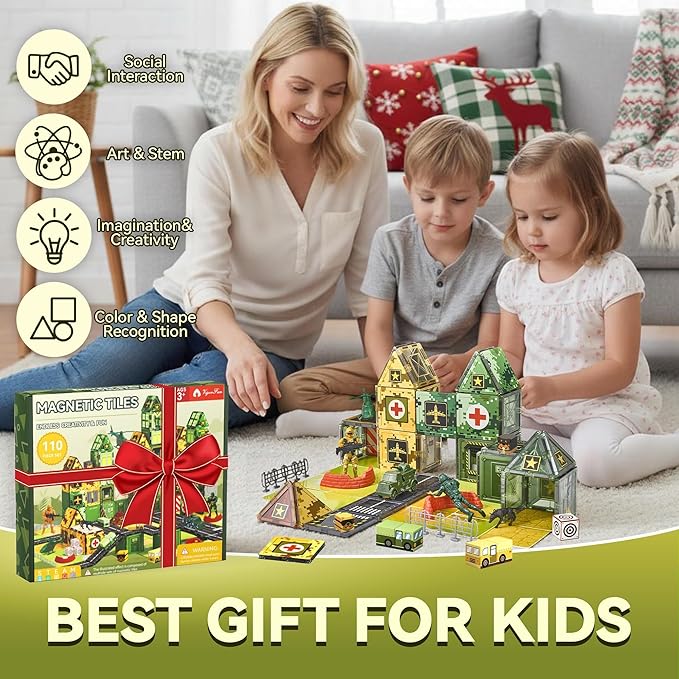 VigorFun Army Magnetic Tiles Building Toys Set for Kids Ages 3-5 4-8, STEM Military Magnetic Blocks with Army Men for Toddler, Educational Sensory Magnet Toys Gifts for Boys Girls Learning Classroom