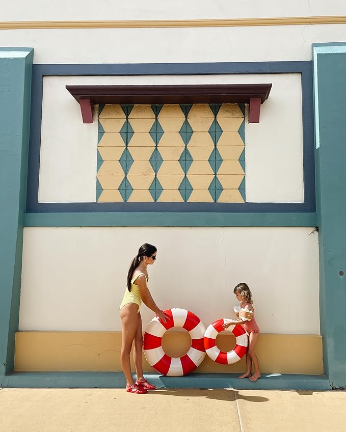 Petites-Pommes Kids Float for Toddlers - Durable Inner Tube, Handprinted Classic Striped Design Pool Floats, Soft Comfort Seaming, Packable Floats for Travel, Bright Red, 24 inch