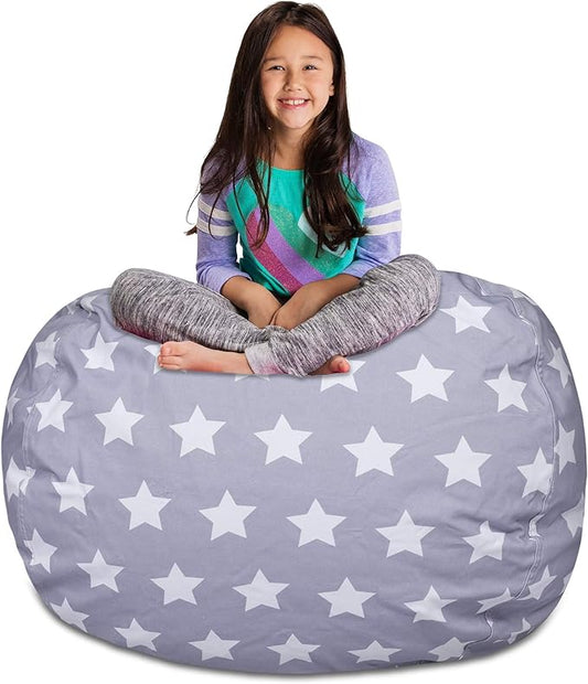 Posh Creations Kids Stuffed Animal Storage Bean Bag Chair Cover - Childrens Toy Organizer, X-Large-48in, Canvas White Stars on Gray