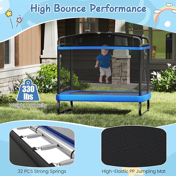 Goplus 6 x 4 FT Rectangle Kids Trampoline, Indoor Outdoor Recreational Trampoline with Swing, Gymnastics Bar & Safety Enclosure Net, ASTM Compliant Gift for Children Boys Girls