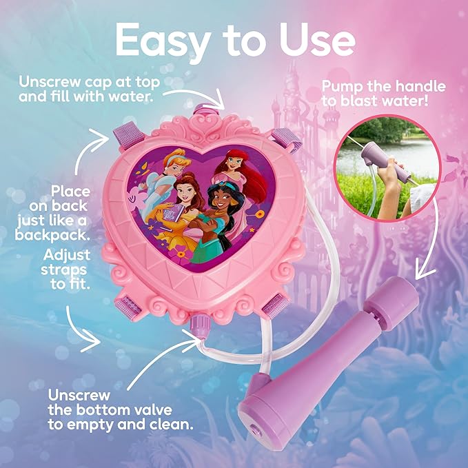 Disney Princess Water Backpack Water Toy, Outdoor Water Blaster for Kids