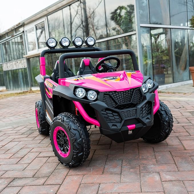 24V 2-Seater Kids Ride-On UTV, 4WD Electric Car with Parent Remote Control, 4x200W Motor, Spring Suspension, LED Headlights & Searchlights, Bluetooth Music, 3-Speed, New Edition, Magenta
