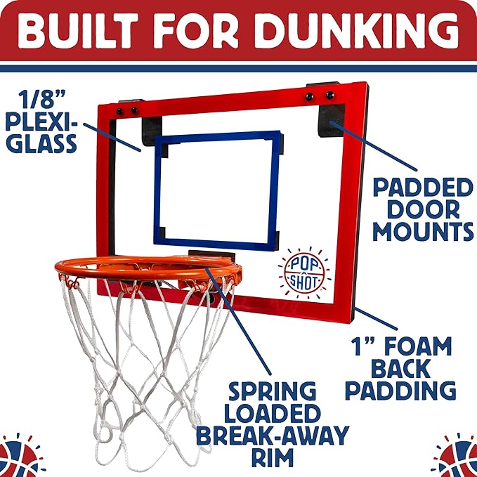 Pop-A-Shot Super Slam Over The Door Mini Basketball Hoop for Adults | 2 Included Basketballs and Pump | Built for Dunks | Breakaway Rim | Shatter Resistant Backboard | 17x12.5 Inches