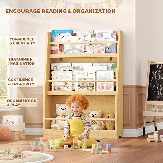Kids Bookshelf, 3-Tier Montessori Book Shelf Organizer for Books and Toys, Toddler Bookshelf for Bedroom, Living Room, Playroom, Classroom, Nursery - Natural