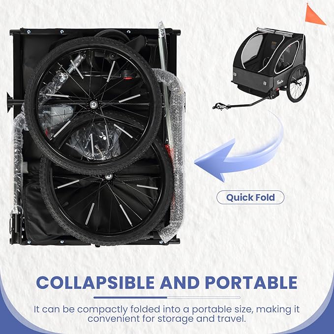 Sepnine Kids Bike Trailer, 2 in1 Canopy Carrier Converts to Pushcart Suitable for 1 to 2 Toddlers, Kids, Quick Attach to Bike, Foldable, with 5-Point Harness and Storage Bags